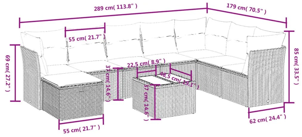 9 részes világosszürke polyrattan kerti ülőgarnitúra párnával