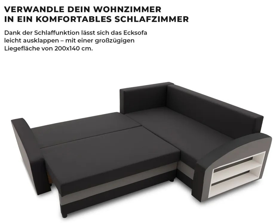 Grande sarokkanapé polcokkal , polc a jobb karfaban, jobboldali, szövet anyag, hab töltet, fekete - szürke