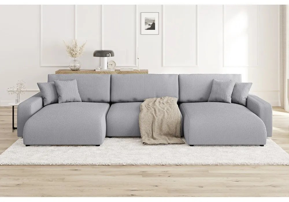 Világosszürke kordbársony kinyitható tárolóhelyes sarokkanapé Sara – Ropez