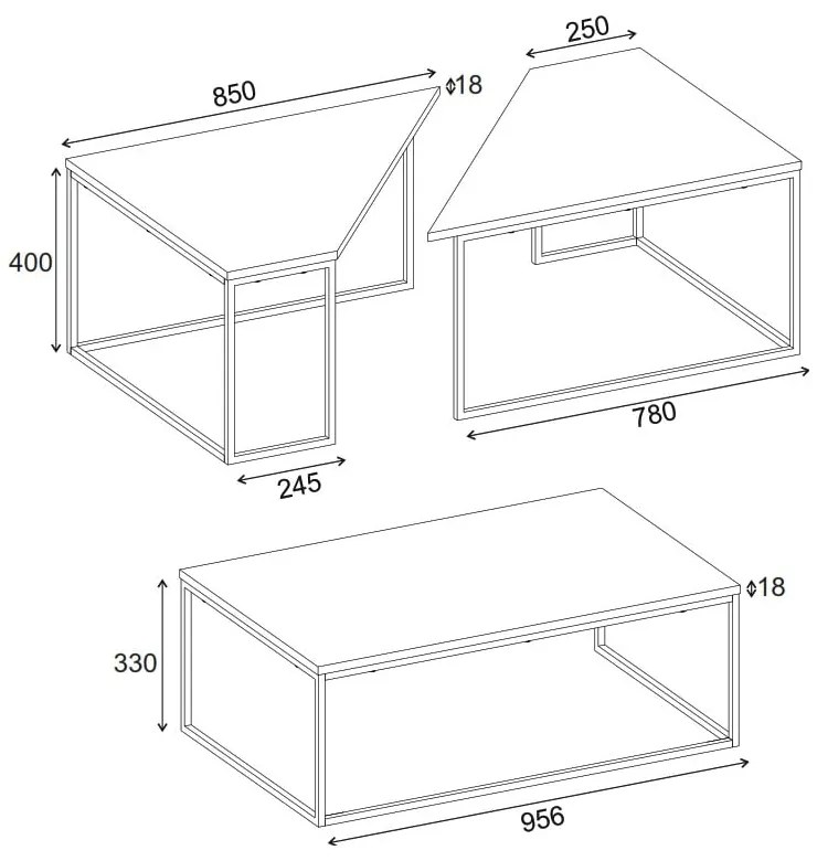 Dohányzóasztal szett tölgyfa dekoros asztallappal, 3 db-os 70x110 cm Titan – Marckeric