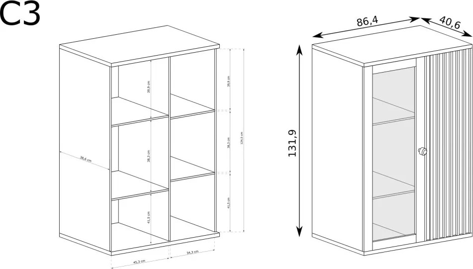 Aldabra Cali C-3 komód-vitrin, tölgy, (fekete fém lábak és LED-ek nélkül)