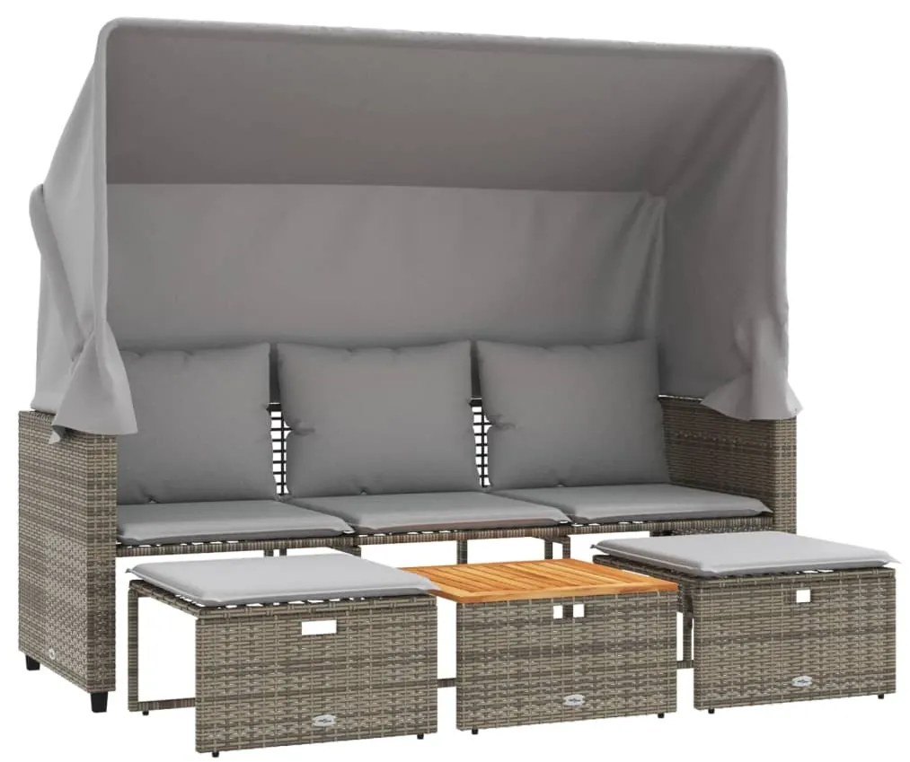 3 személyes szürke polyrattan kerti kanapé baldachinnal/székkel