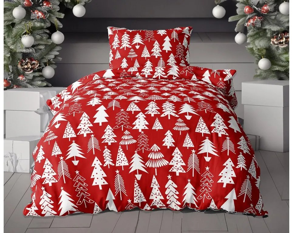 KARÁCSONYFÁK piros flanel ágynemű  + SOFT sötétszürke mikroplüss lepedő  90x200 cm