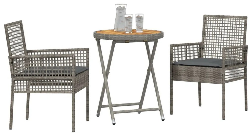 3 Darabos Kerti Bistro Készlet Párnákkal Szürke Poli Rattan