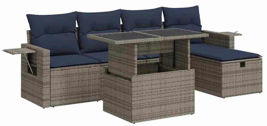 6 részes szürke polyrattan akácfa kerti ülőgarnitúra párnával