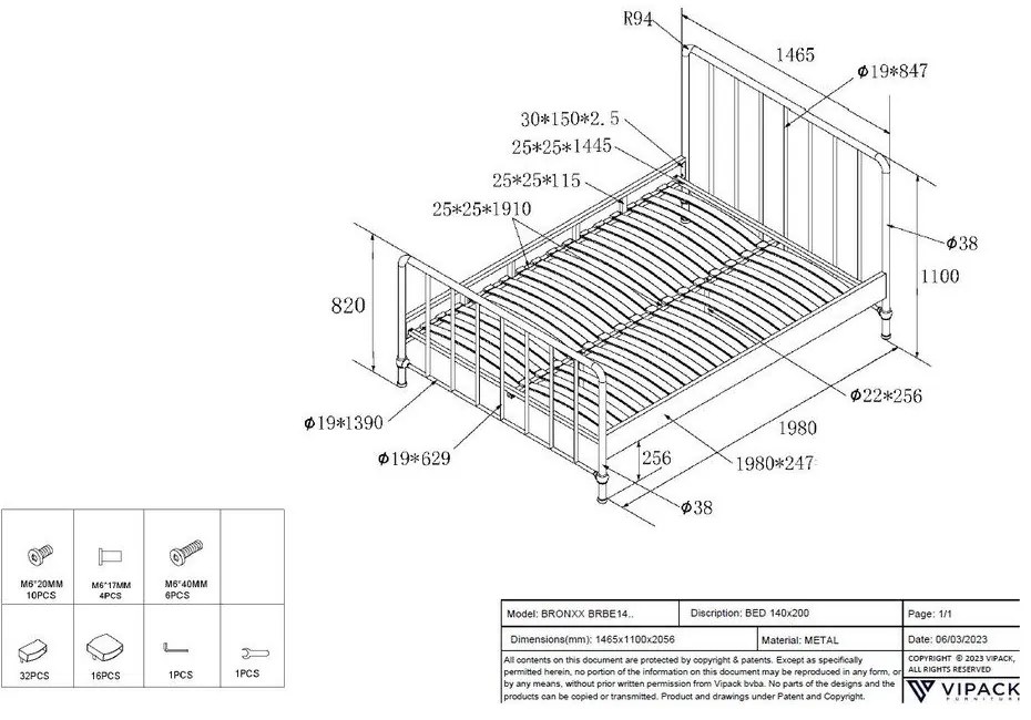 Zöld fém egyszemélyes ágy ágyráccsal 140x200 cm BRONXX – Vipack