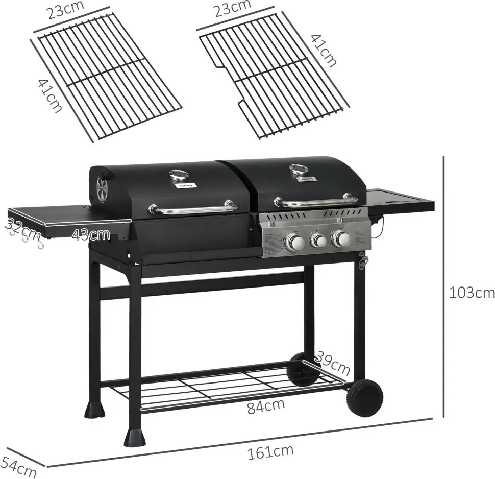 Outsunny Gázgrill, hőmérővel és melegen tartó tányérokkal, fekete és ezüst