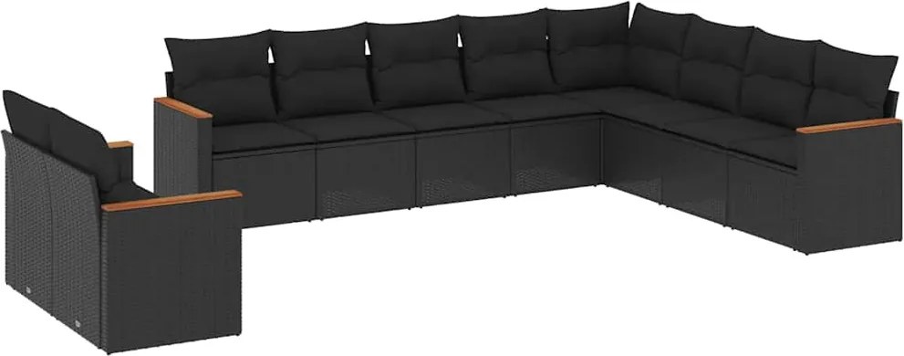 vidaXL 10 részes fekete polyrattan kerti ülőgarnitúra párnákkal
