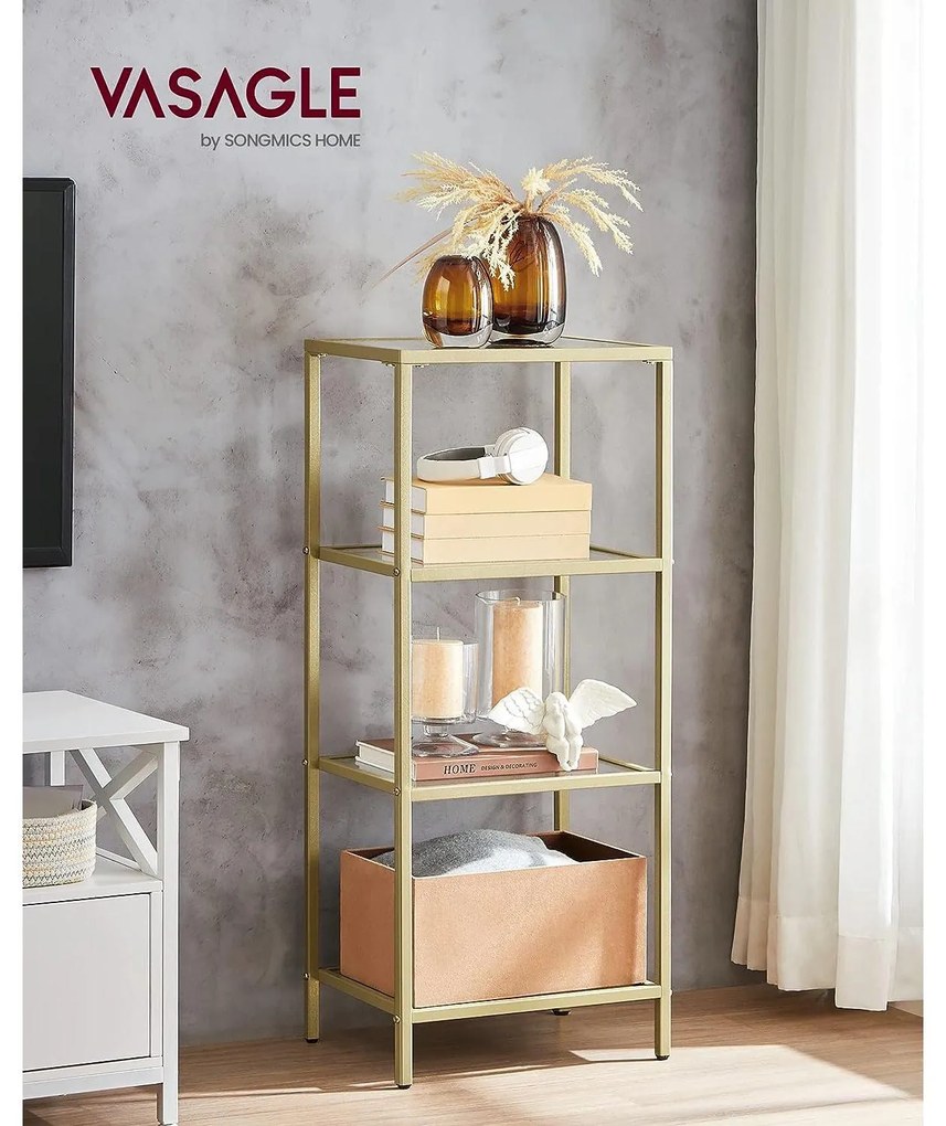 Fürdőszobai tárolópolc 95x40x30 cm, edzett üveg tároló állvány, arany