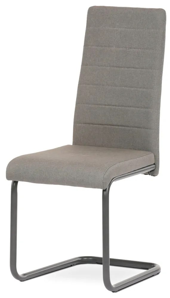 Scaun de dining cu spătar sleigh de culoare trufașă, cu tapițerie din țesătură și picioare din metal antracit. DCL-400