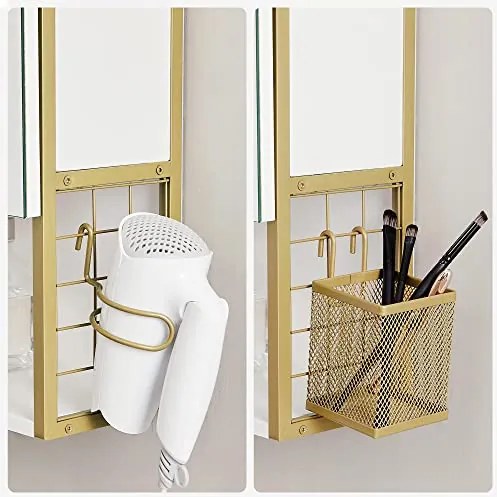 Fürdőszobai tükrös szekrény világítással, fehér-arany, 14,5×70×70 cm