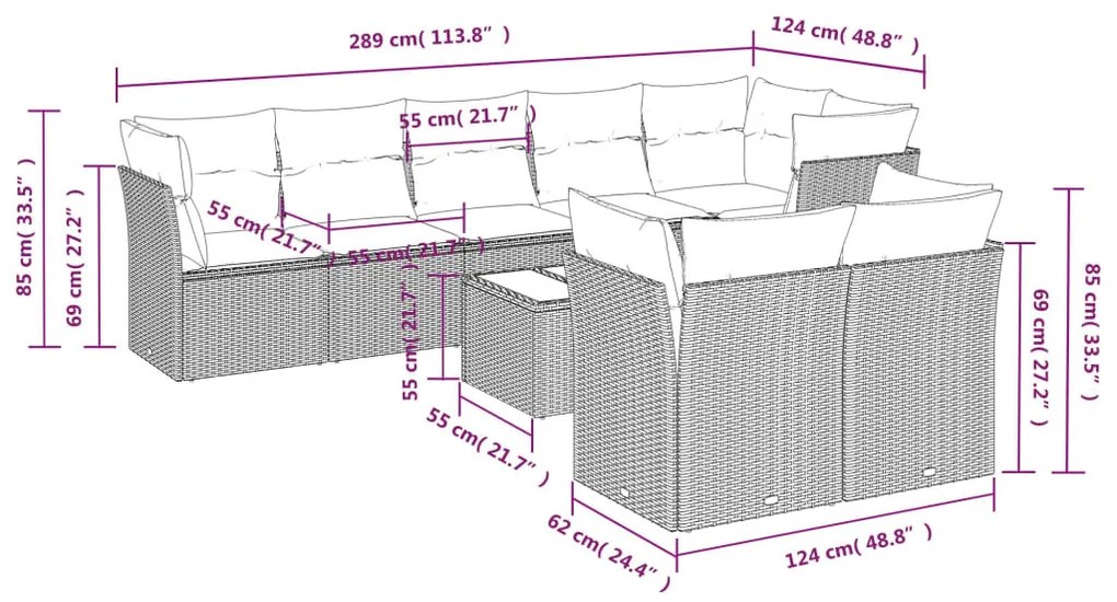 9 részes szürke polyrattan kerti ülőgarnitúra párnákkal