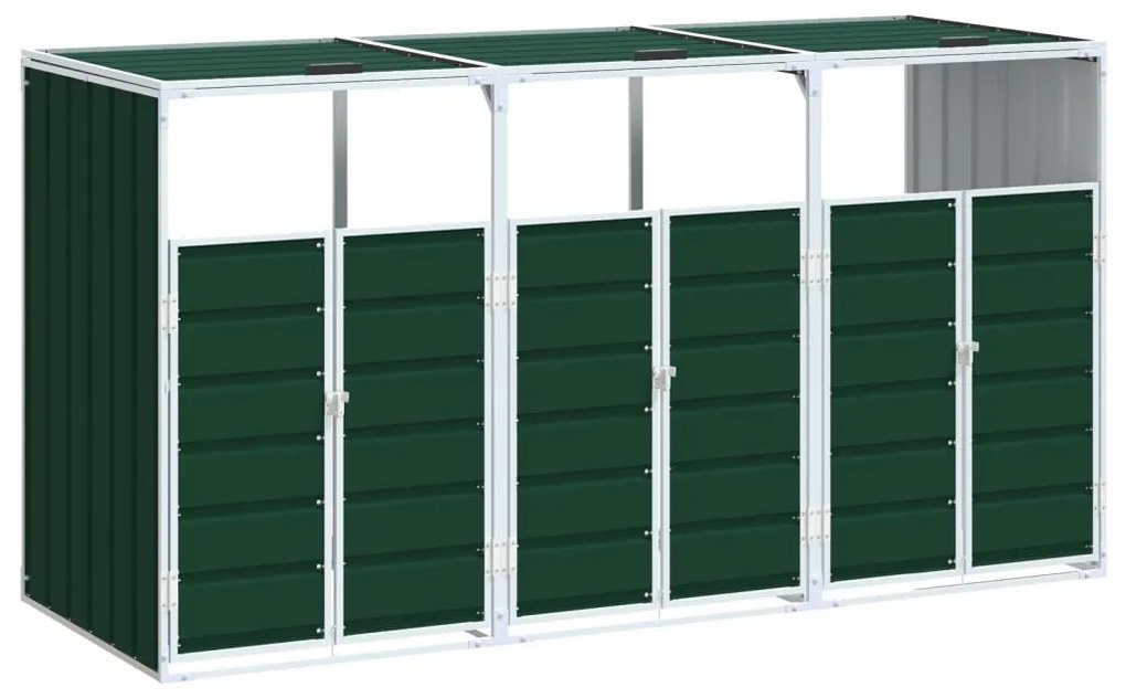 zöld acél kerekes szemetes tároló 3 szemeteskukához 216 x 81 x 115 cm