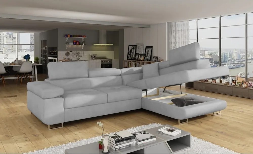 Világosszürke bársony kinyitható-tárolóhelyes sarokkanapé (jobb oldali-L alakú) Anton – ELTAP