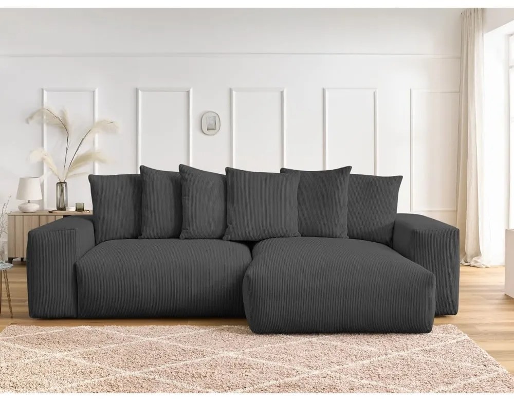 Sötétszürke kordbársony kinyitható-tárolóhelyes sarokkanapé Voltaire – Bobochic Paris