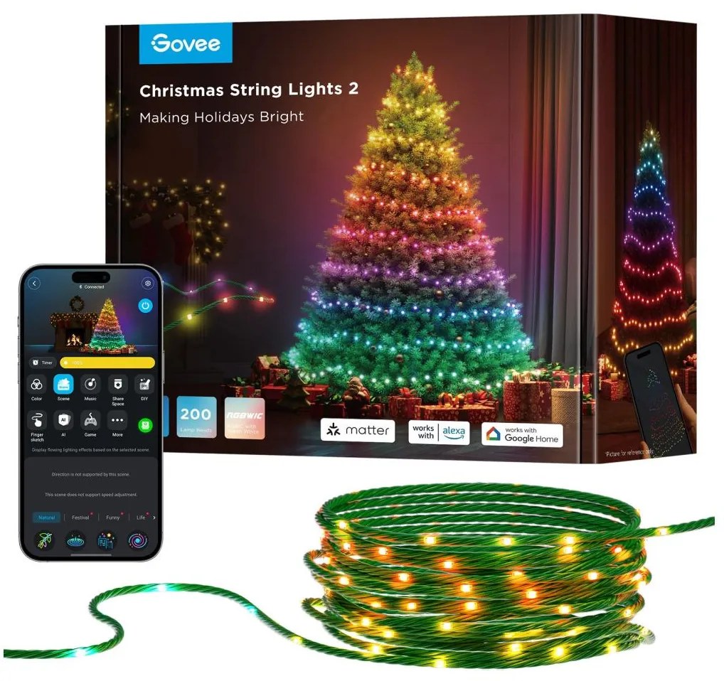 Govee - LED RGBICW kültéri karácsonyi lánc 2700-6500K 20m Wi-Fi Matter IP66