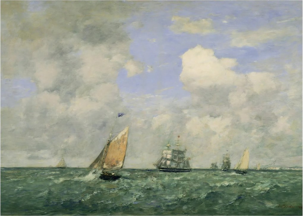 Üveg kép - Eugène Boudin, Ships and Sailing Boats Leaving Le Havre, reprodukciók (70x50 cm)
