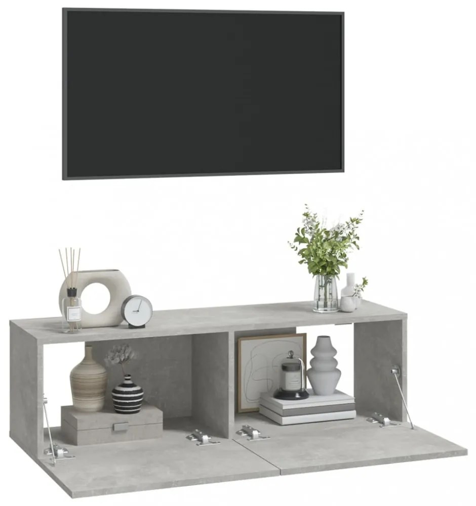 2 db betonszürke szerelt fa fali TV-szekrény 100 x 30 x 30 cm