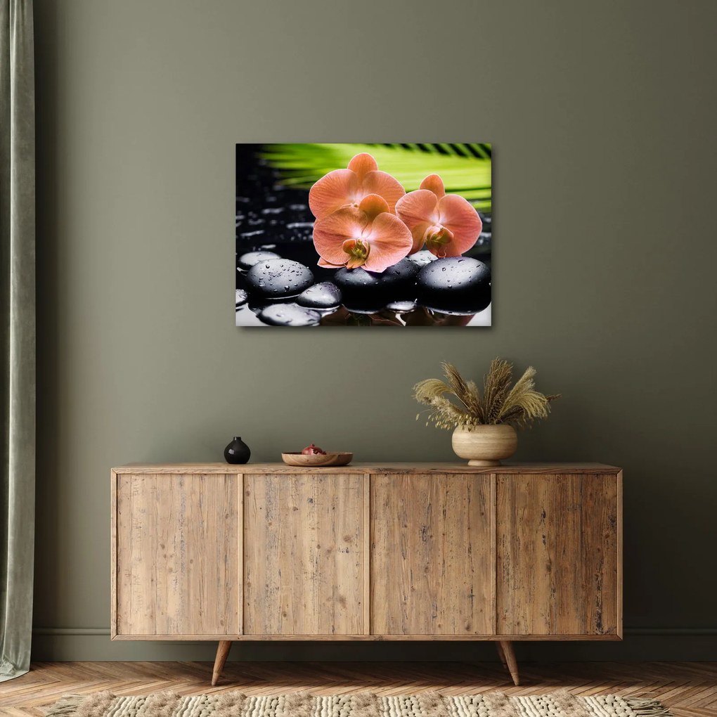 Kép - Narancssárga orchidea pálmalevelekkel (70x50 cm)