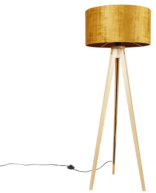 Állólámpa fa lábbal, arany színű szövet árnyékolóval 50 cm - Tripod Classic