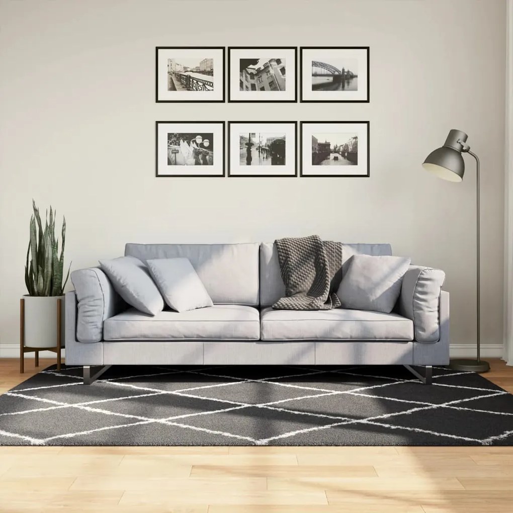 PAMPLONA fekete és krém bolyhos modern szőnyeg 140 x 200 cm