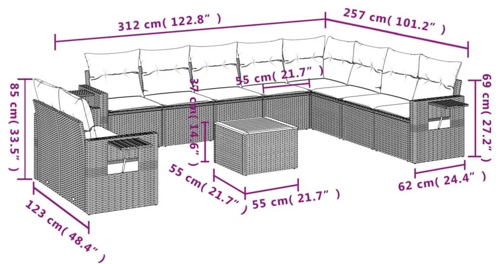 11 részes szürke polyrattan kerti ülőgarnitúra párnákkal