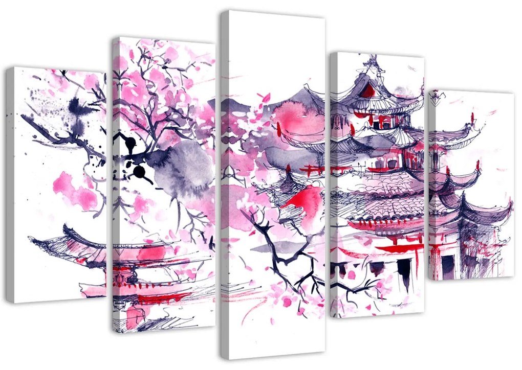 Gario Vászonkép Japán pagoda és cseresznyevirág - 5 részes Méret: 100 x 70 cm