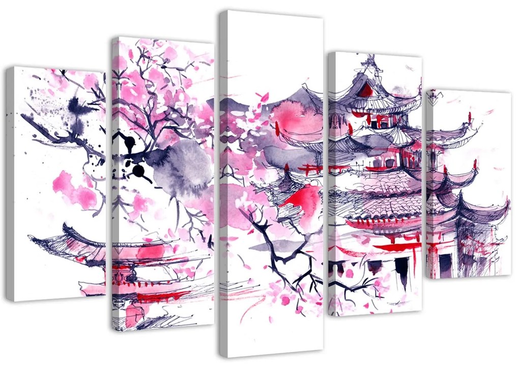 Gario Vászonkép Japán pagoda és cseresznyevirág - 5 részes Méret: 200 x 100 cm