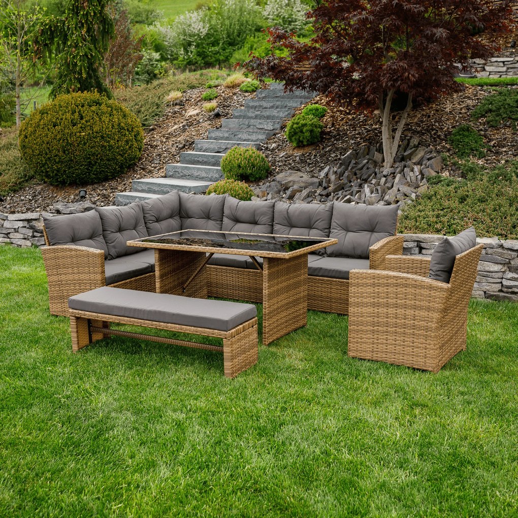 Kerti rattan szett, szürkésbarna/világosbarna, SAGIR