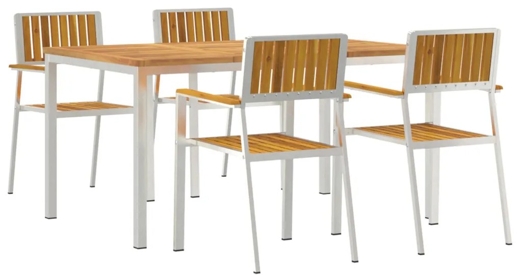 5 darabos Kert Étkező Garnitúra Tömör Akácfából, Kültéri Étkezőasztal 150x90x75 cm Tömör Akácfából, Összecsukható Kert Székek 4 db Tömör Akácfából és Fém