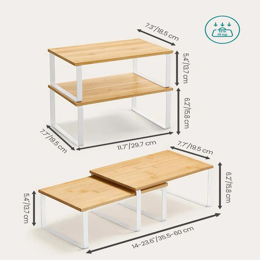 SONGMICS 4 db-os konyhai polcrendszerező szett, fém és fa, fehér/bézs