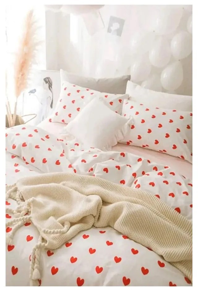 Krémszínű kétszemélyes hosszabbított négyrészes renforcé pamut ágyneműhuzat lepedővel 200x220 cm Mini Hearts – Mila Home
