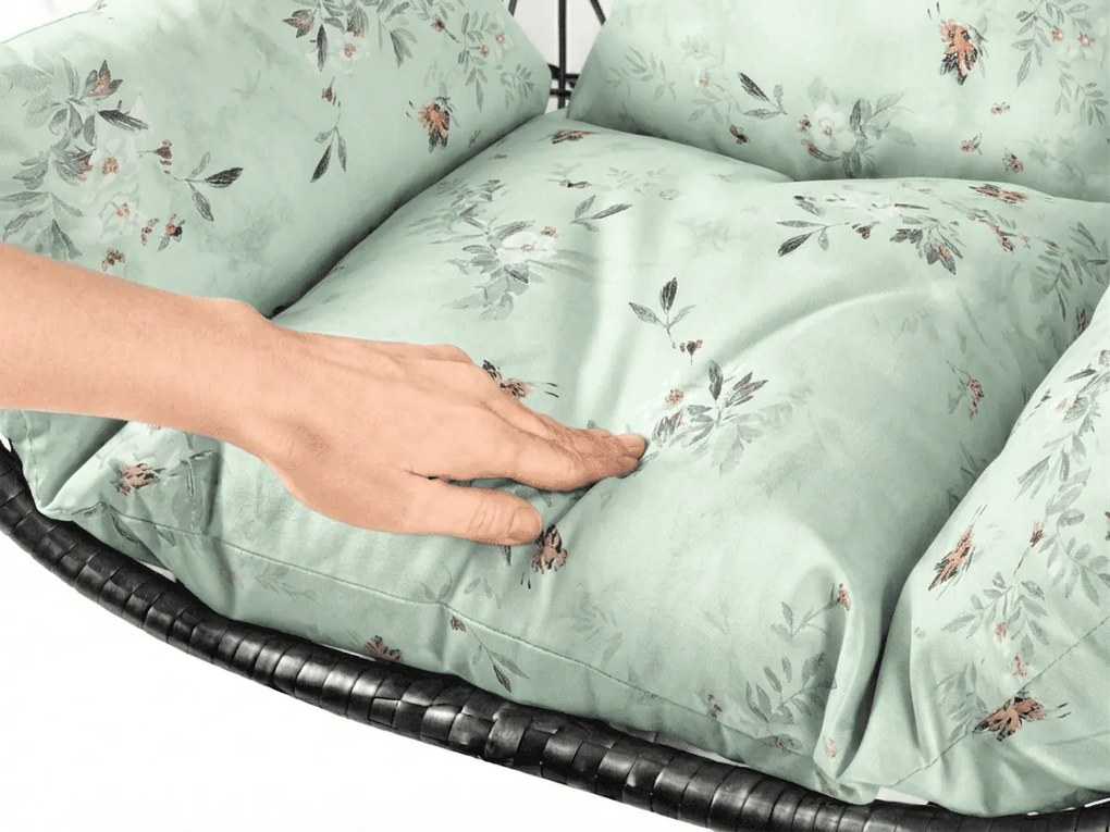 Fekete függőszék KOKON állvány nélkül, világoszöld párna mintával