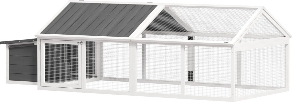 PawHut Kültéri Tyúkól 240x112,5x76 cm Fából Készült Tyúkól Felnyitható Tetővel Rácsos Ajtókkal és Fészekdobozzal Tyúkoknak, Nyulaknak, Kacsáknak Fehér