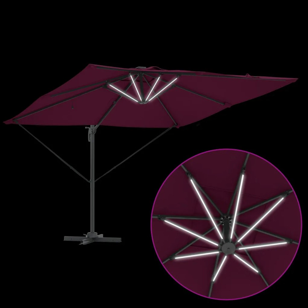 Cantilever Roma napernyő LED világítással, Bordeaux vörös, 286 x 285 x 270 cm alumínium.