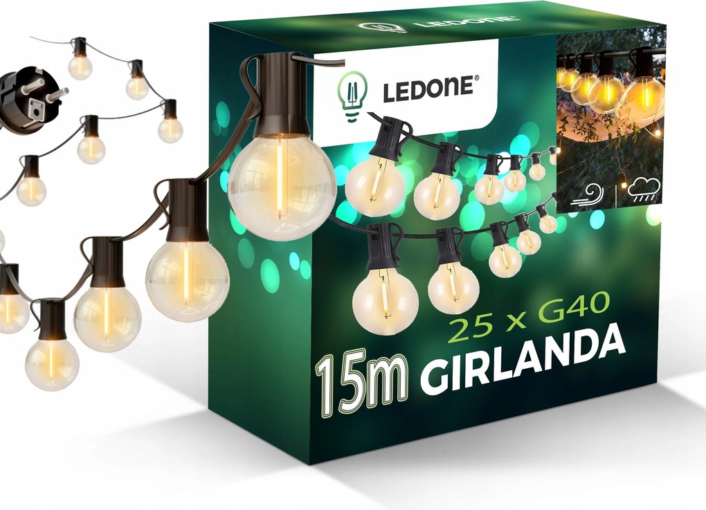 Kerti girland 15m Fénylánc IP65 25x Led izzó 1W Ww G40 230V