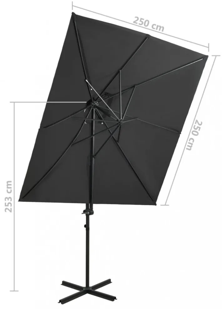 antracitszürke dupla tetejű konzolos napernyő 250 x 250 cm