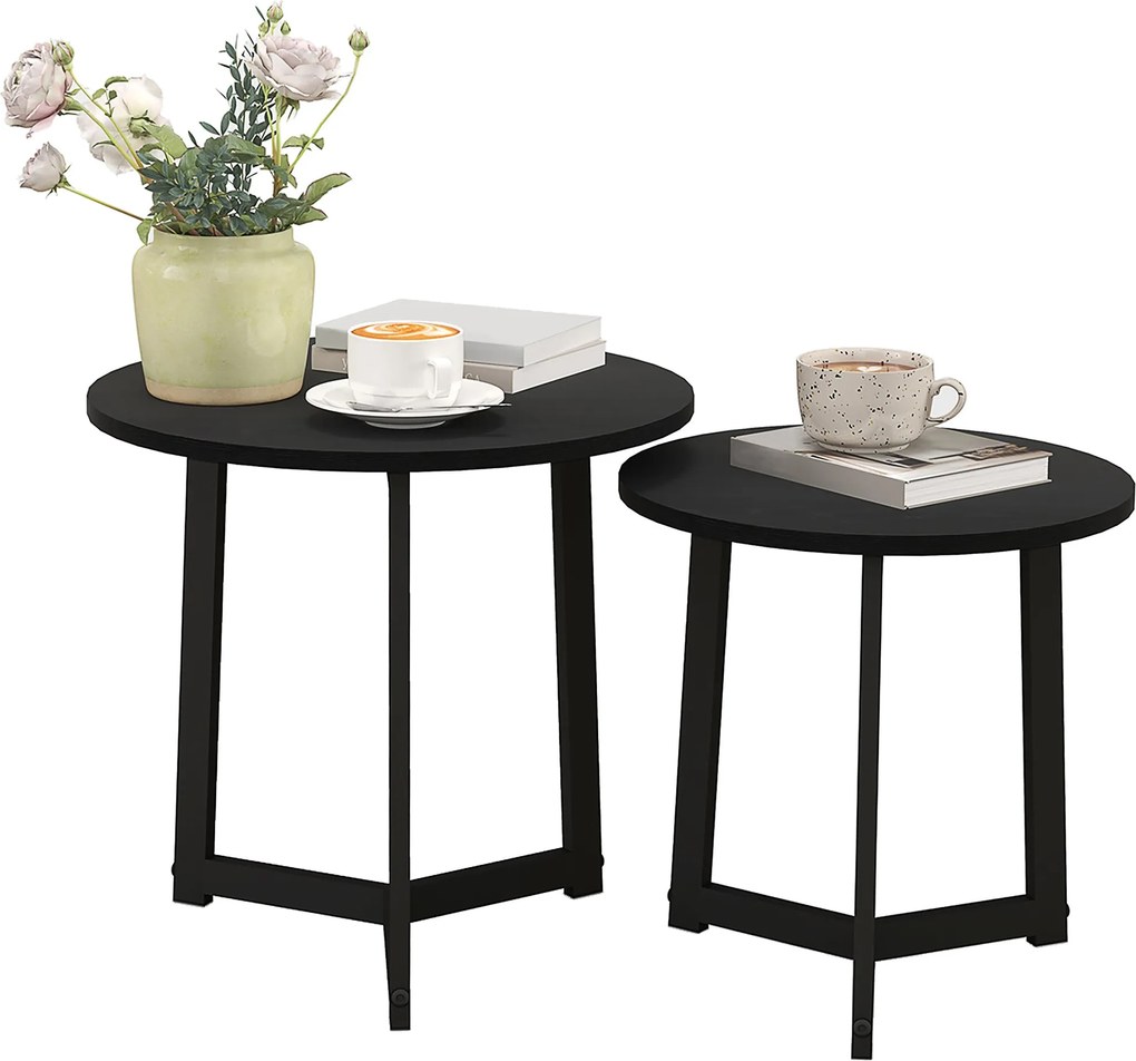 HOMCOM Kerek Kávézóasztal 2 Darabos Szett, Oldalasztal MDF és Acélból, Modern Dizájn, Rakható, Kávézóasztal Nappali Asztalhoz, Fekete | Aosom