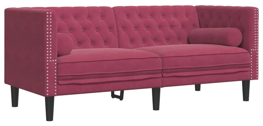 2 személyes bordó bársony Chesterfield kanapé hengerpárnákkal