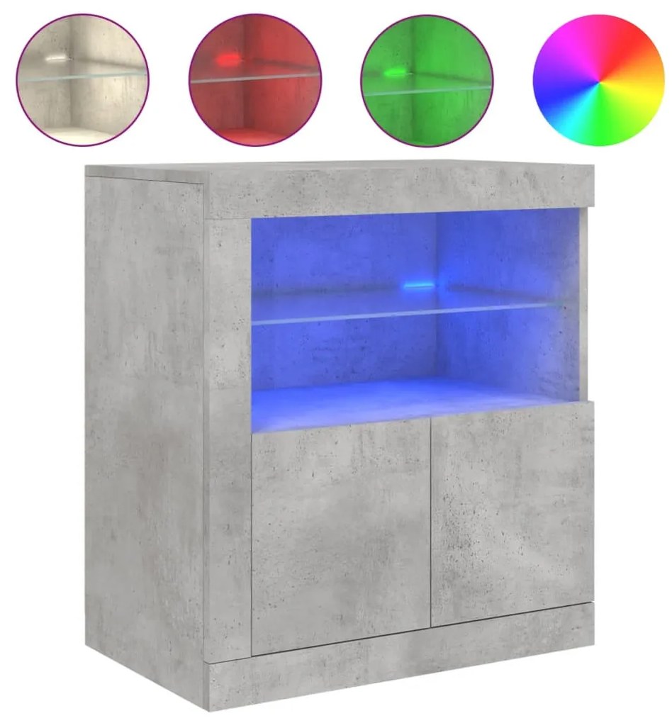 betonszürke tálalószekrény LED-világítással 60,5 x 37 x 67 cm