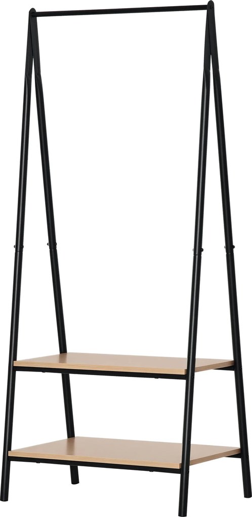 HOMCOM Kabátállvány Ruhatartó Cipőtartóval Mosókosár Fém + Fa Fekete + Natúr 64 x 42,5 x 149 cm | Aosom