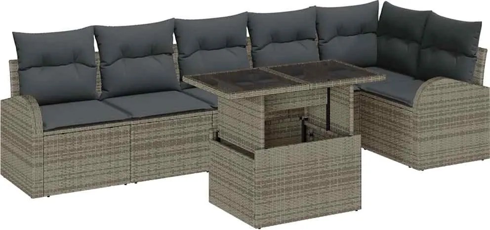 vidaXL Kerti Kanapé Szett párnával tárolóval 7 pcs Szürke Poli rattan