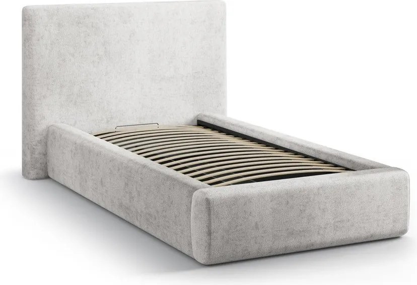 Világosszürke kárpitozott ágyneműtartós egyszemélyes ágy ágyráccsal 90x200 cm Amy – Micadoni