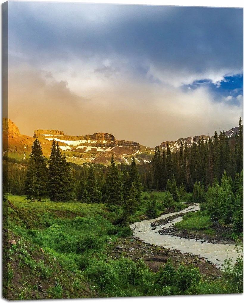 Vászonkép Ösvény a hegyek között Erdő Fák Nap 40x50 cm