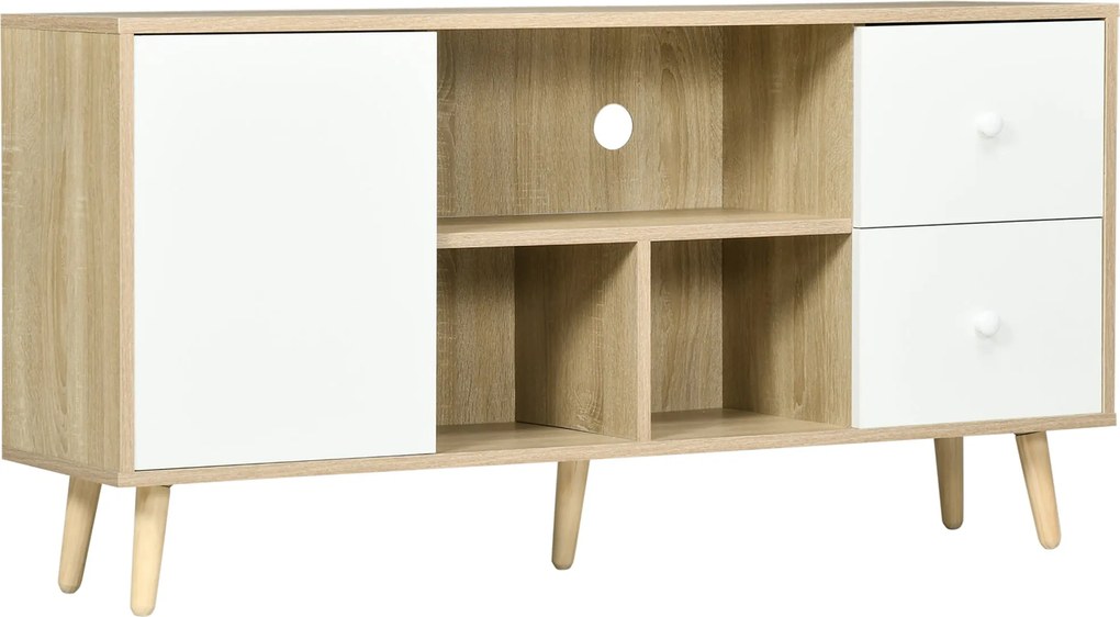 HOMCOM TV állvány max. 45 hüvelykes TV-hez, tömör fa lábakkal, skandináv stílus, 3 polccal, 1 ajtós szekrénnyel és 2 fiókkal, 120 x 30 x 60 cm | Aosom