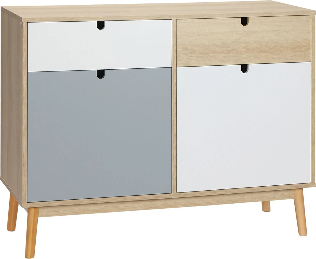 HOMCOM Oldalszekrény tároló szekrény 2 zárt rekesszel és 2 fiókkal, emelt fenyőfa lábakkal, Konyhába, Hálószobába, Előszobába 100x40x79.5 cm, Többszín
