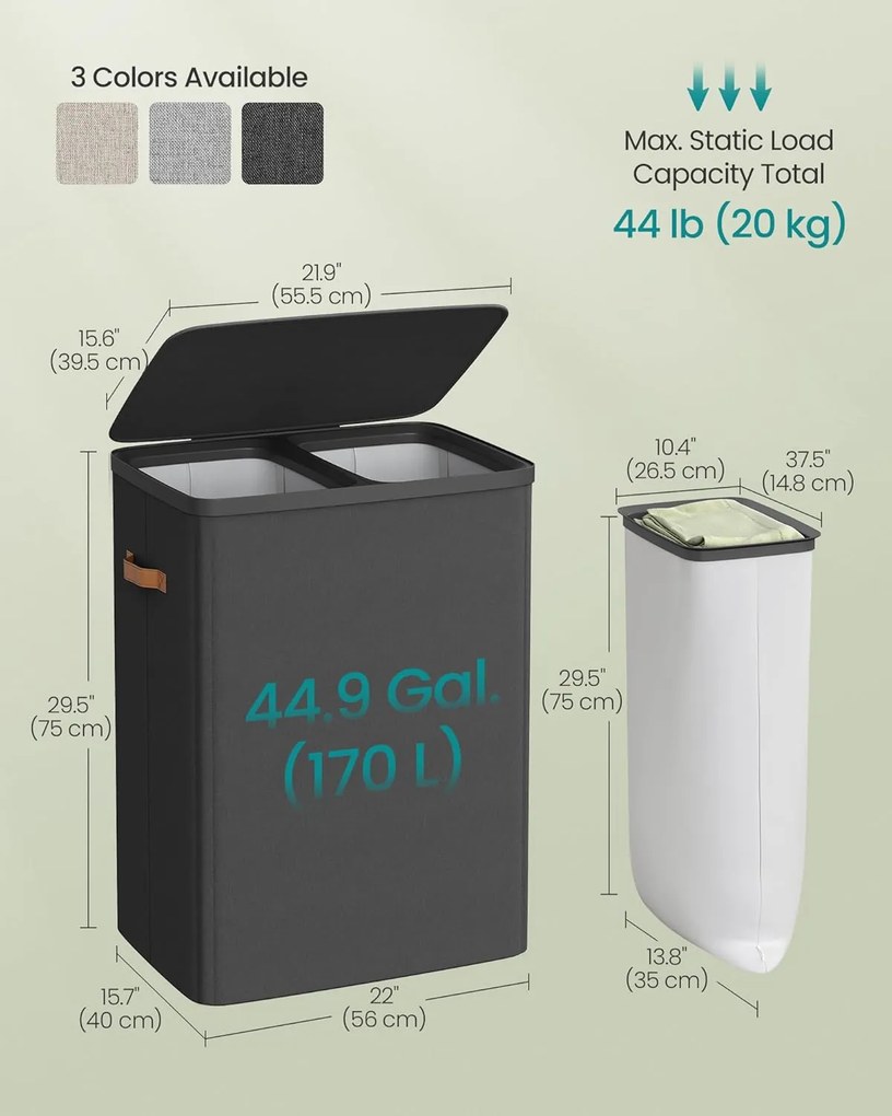 Szennyeskosár 2 rekesszel 170 L, 56x40x75 cm, fekete