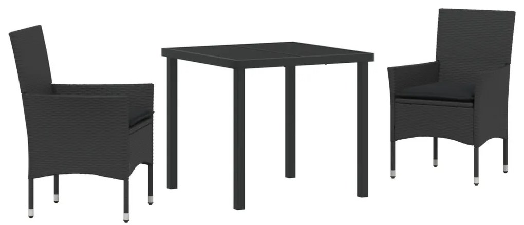 3 Részes Kert Étkezőszett párnákkal Fekete Polirattan, Kert Asztal Fekete 80x80x73 cm Edzett Üveg