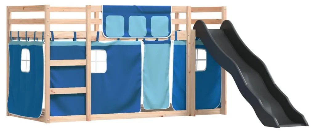 kék emeletes ágy csúszdával és függönnyel 90 x 200 cm