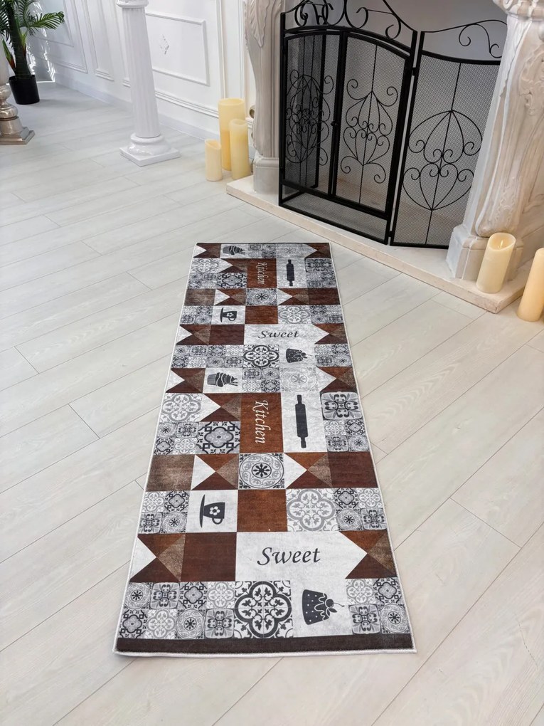 Szürke és barna vintage csempe mintás konyhai szőnyeg 60x180 cm